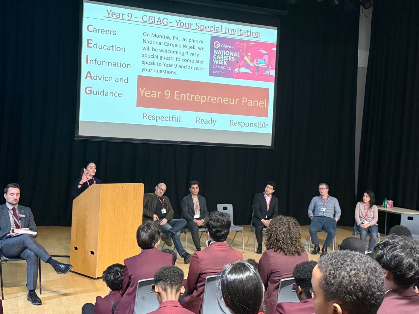 Pupils putting questions to the Year 9 Entrepreneur Panel during National Careers Week